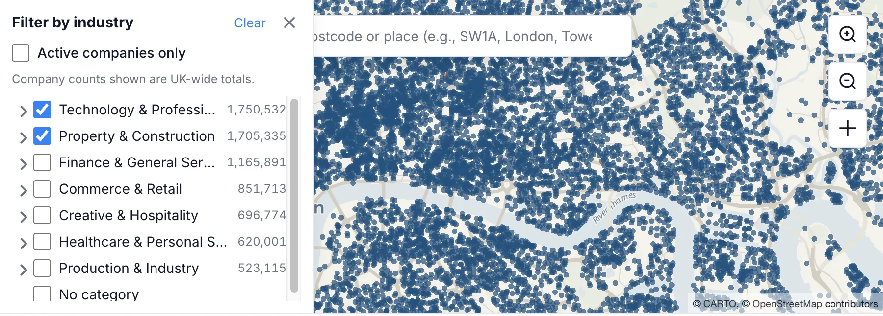 The platform with the industry filter open, two categories ticked and the filtered companies mapped across central London