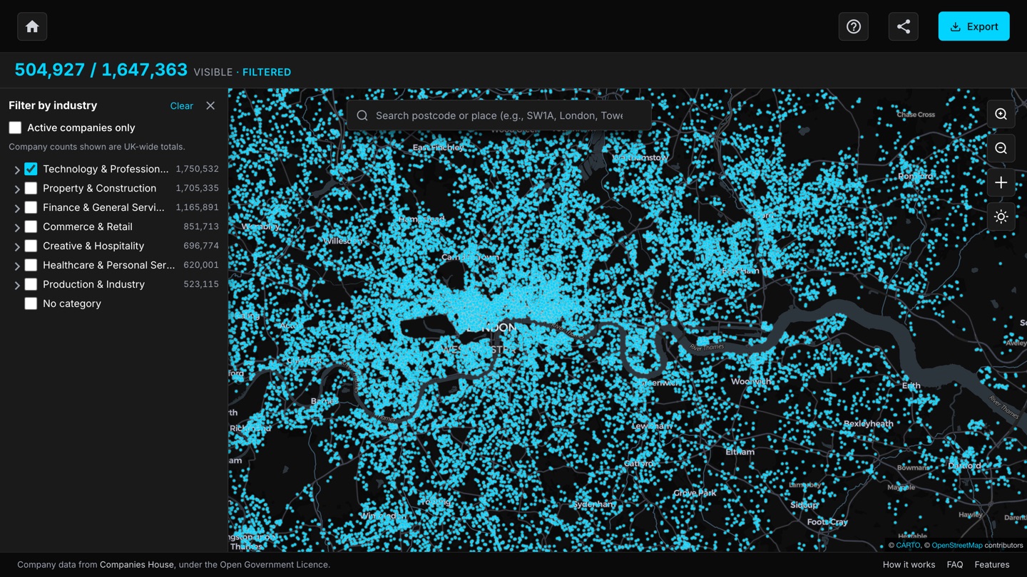 The map filtered to technology companies across London.