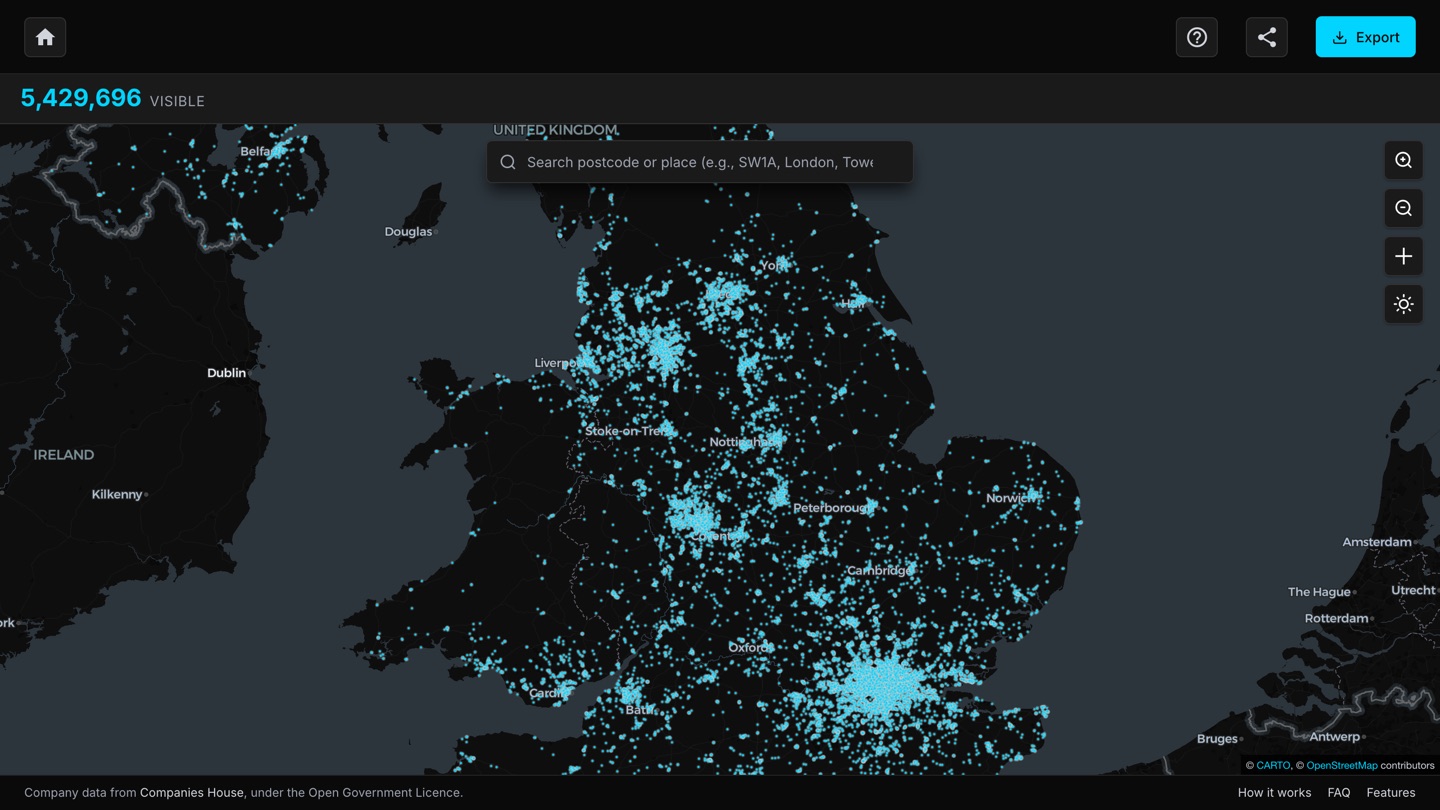 Company Map UK showing companies plotted across England.